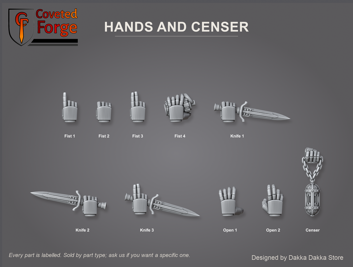 Coveted Forge bits sheet: Hands (1 of 1), Black Gryphons Core Set, gripping fists, combat knife hands, open hands and a chained censer as sculpted, every part labelled