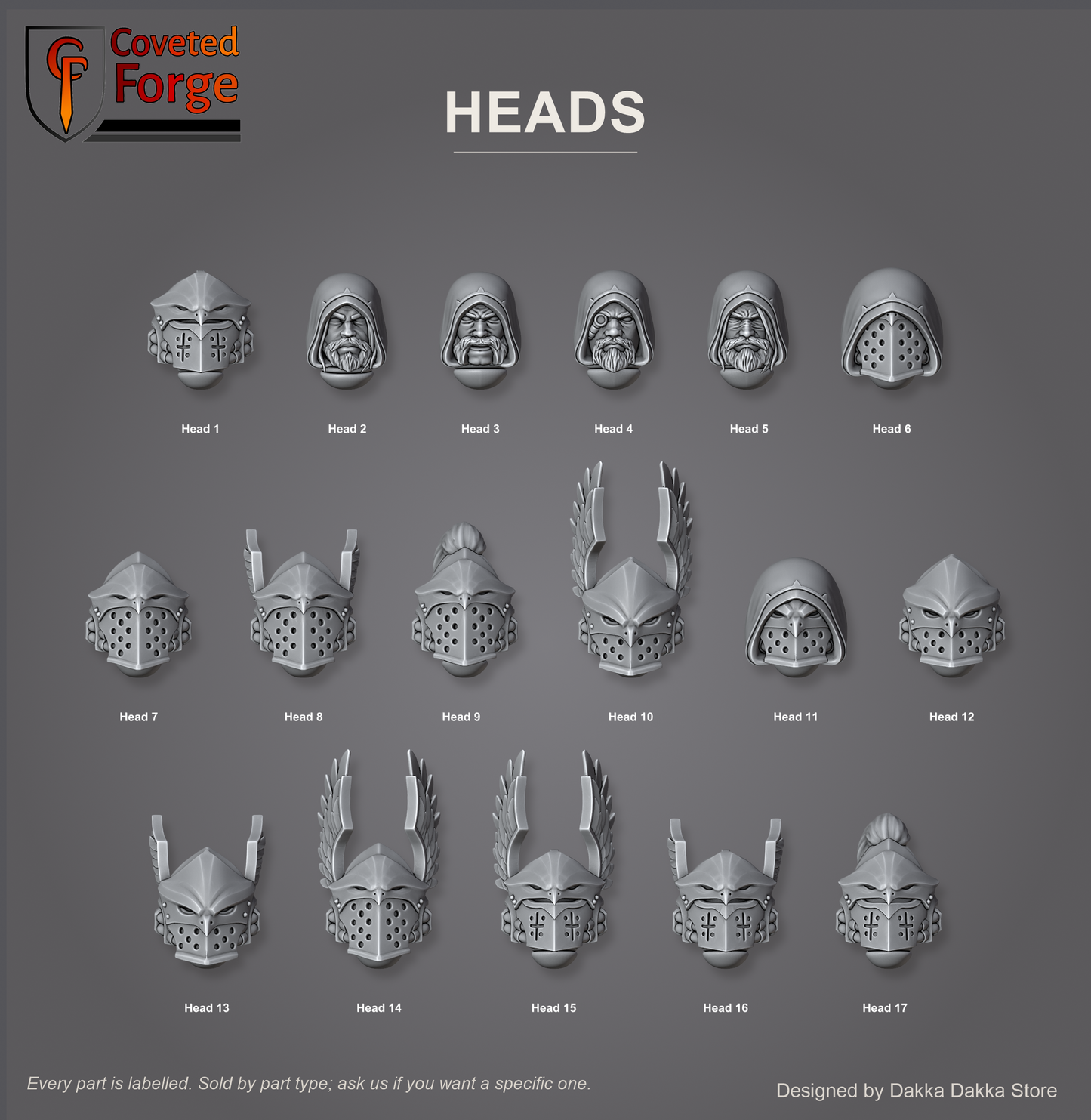 Seventeen power armour heads: beaked and winged helmets, hooded bare faces and crested variants, each part individually labelled on a charcoal studio sheet