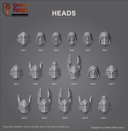 Seventeen power armour heads: beaked and winged helmets, hooded bare faces and crested variants, each part individually labelled on a charcoal studio sheet