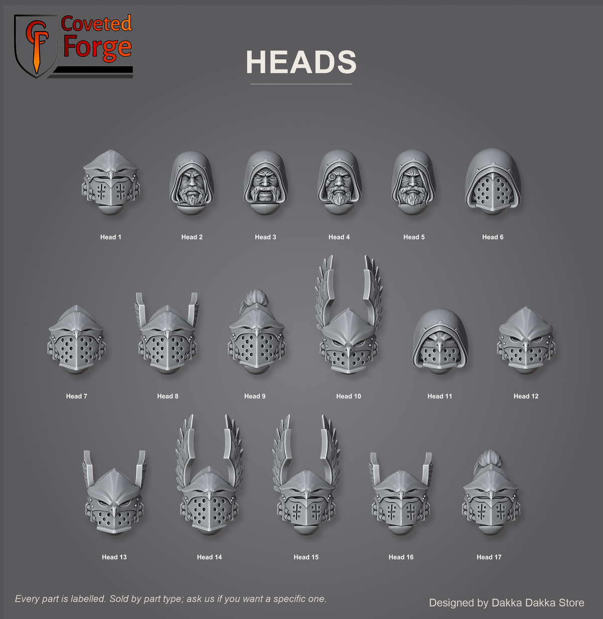 Coveted Forge bits sheet: Heads (1 of 1), Black Gryphons Core Set, seventeen power armour heads: beaked and winged helmets, hooded bare faces and crested variants, every part labelled