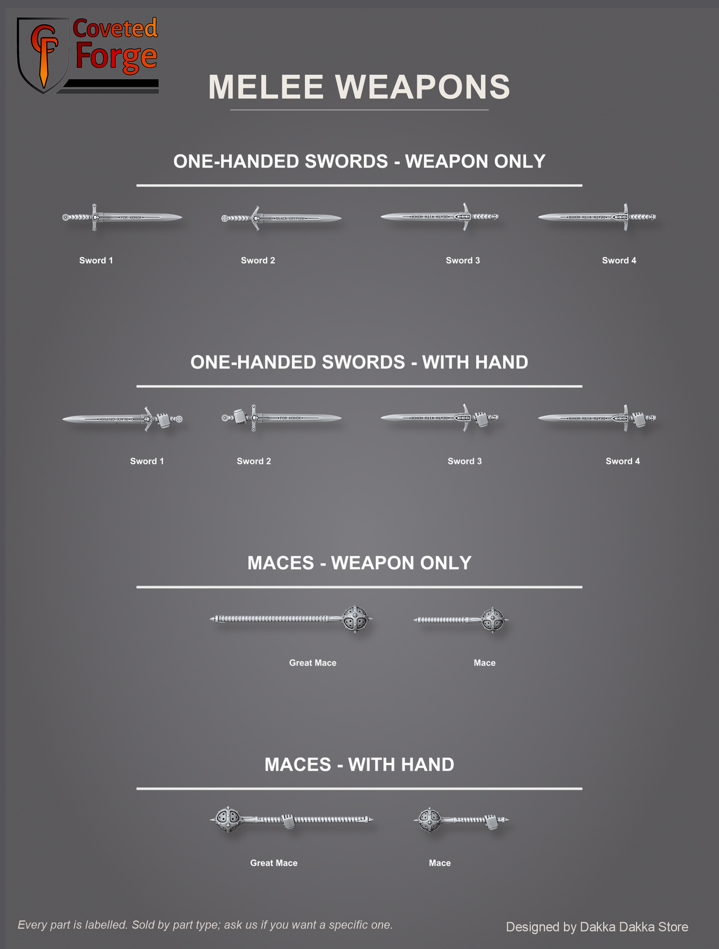 Black Gryphons core set one-handed melee weapons, swords, maces and great maces, split into weapon only and with hand