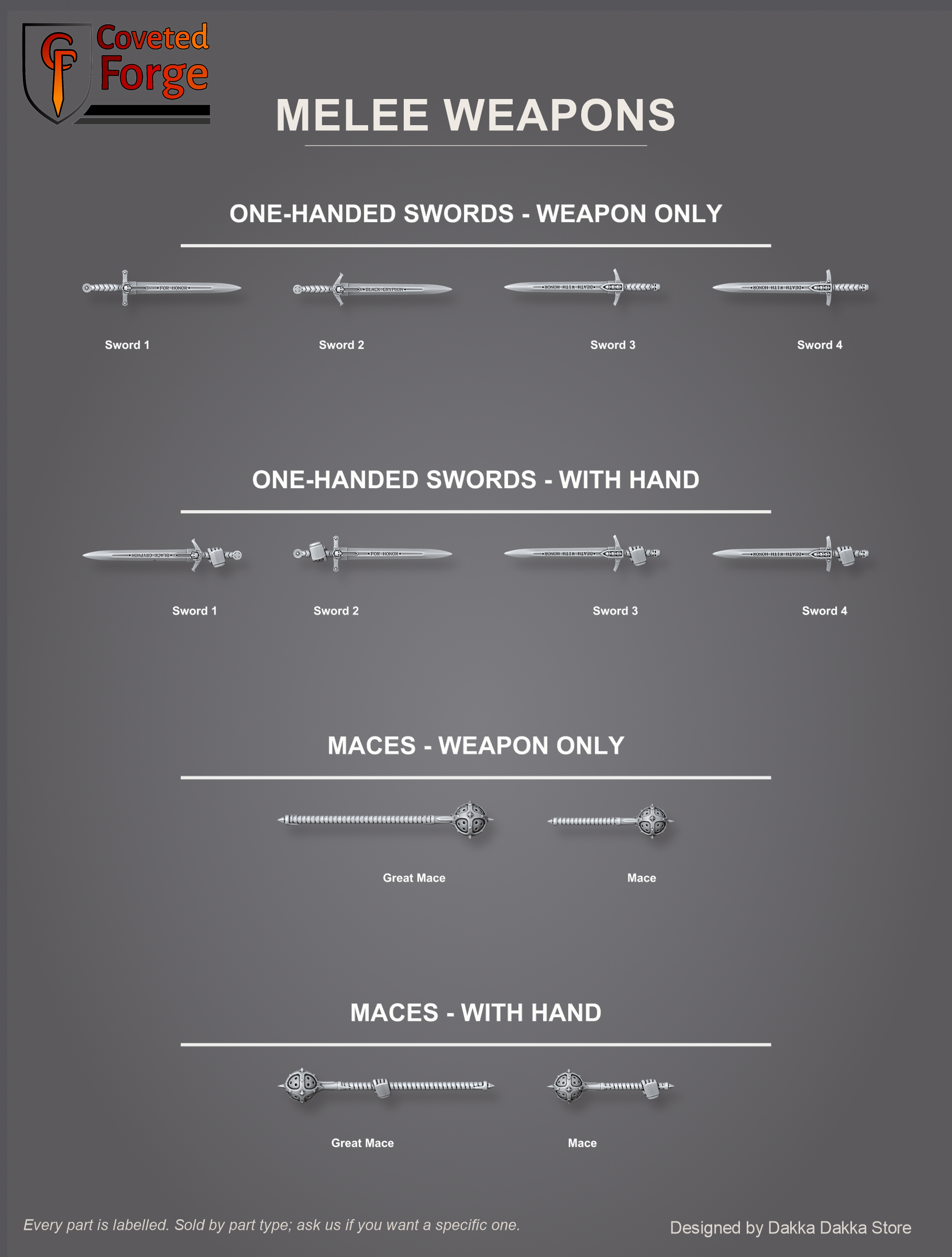 Black Gryphons core set one-handed melee weapons, swords, maces and great maces, split into weapon only and with hand