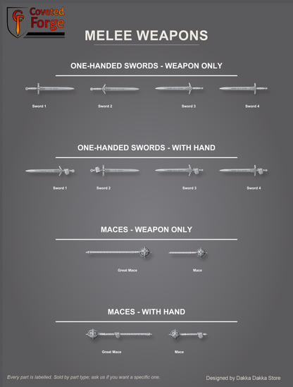 Black Gryphons core set one-handed melee weapons, swords, maces and great maces, split into weapon only and with hand