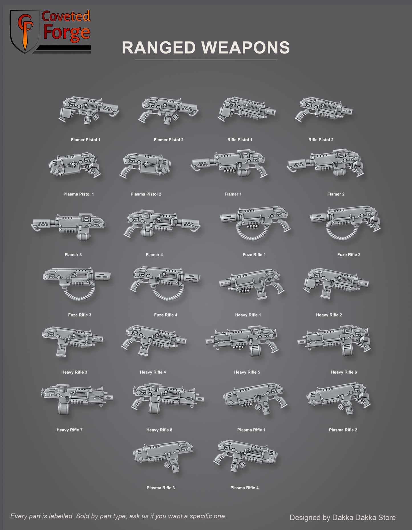 Black Gryphons core set ranged weapons, pistols, flamers, fuze rifles, heavy rifles and plasma rifles, individually labelled