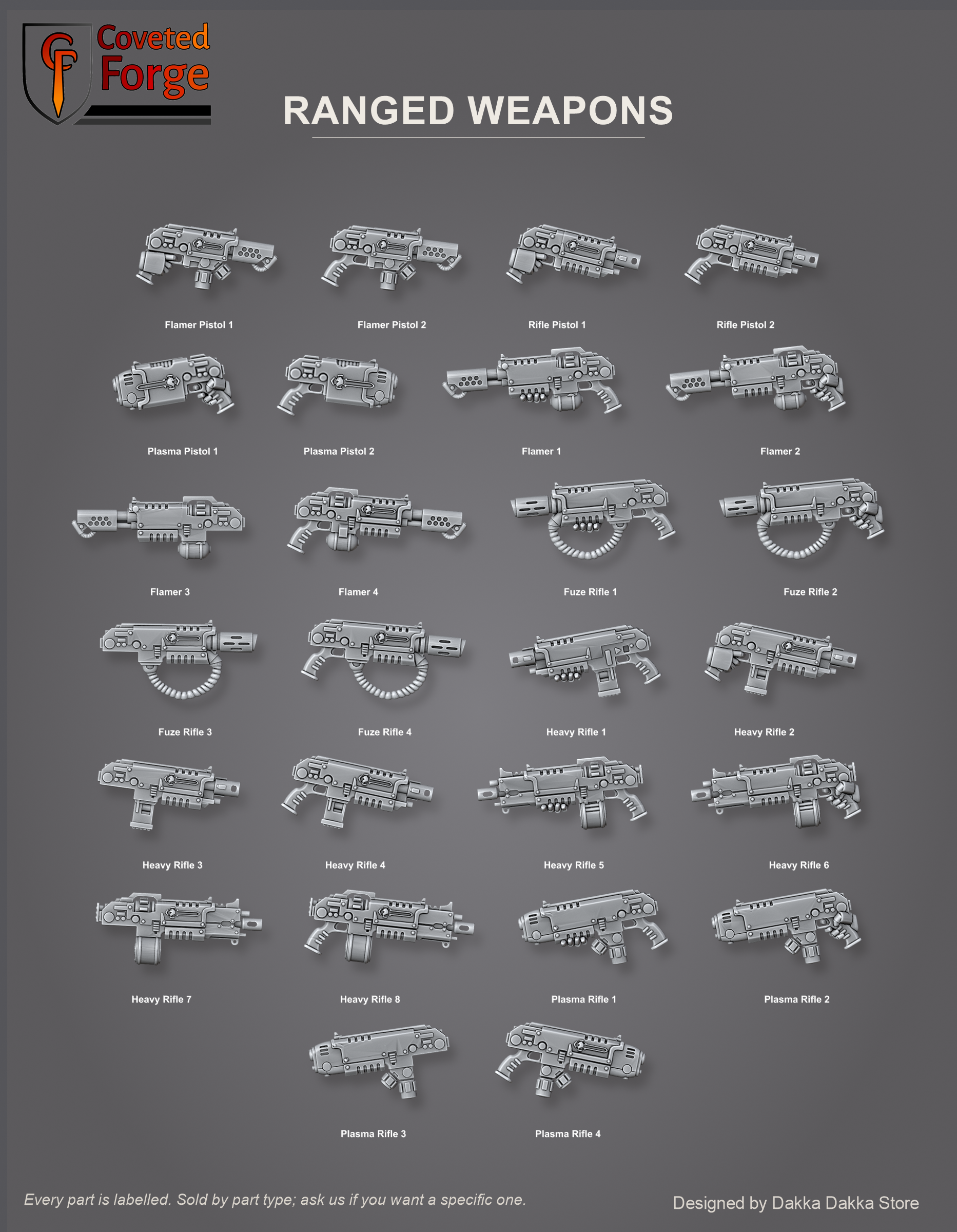 Black Gryphons core set ranged weapons, pistols, flamers, fuze rifles, heavy rifles and plasma rifles, individually labelled