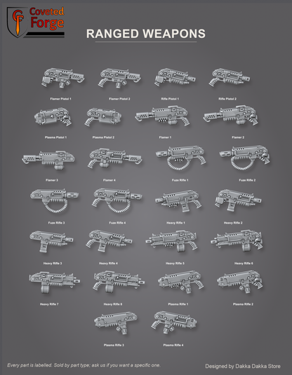 Black Gryphons core set ranged weapons, pistols, flamers, fuze rifles, heavy rifles and plasma rifles, individually labelled