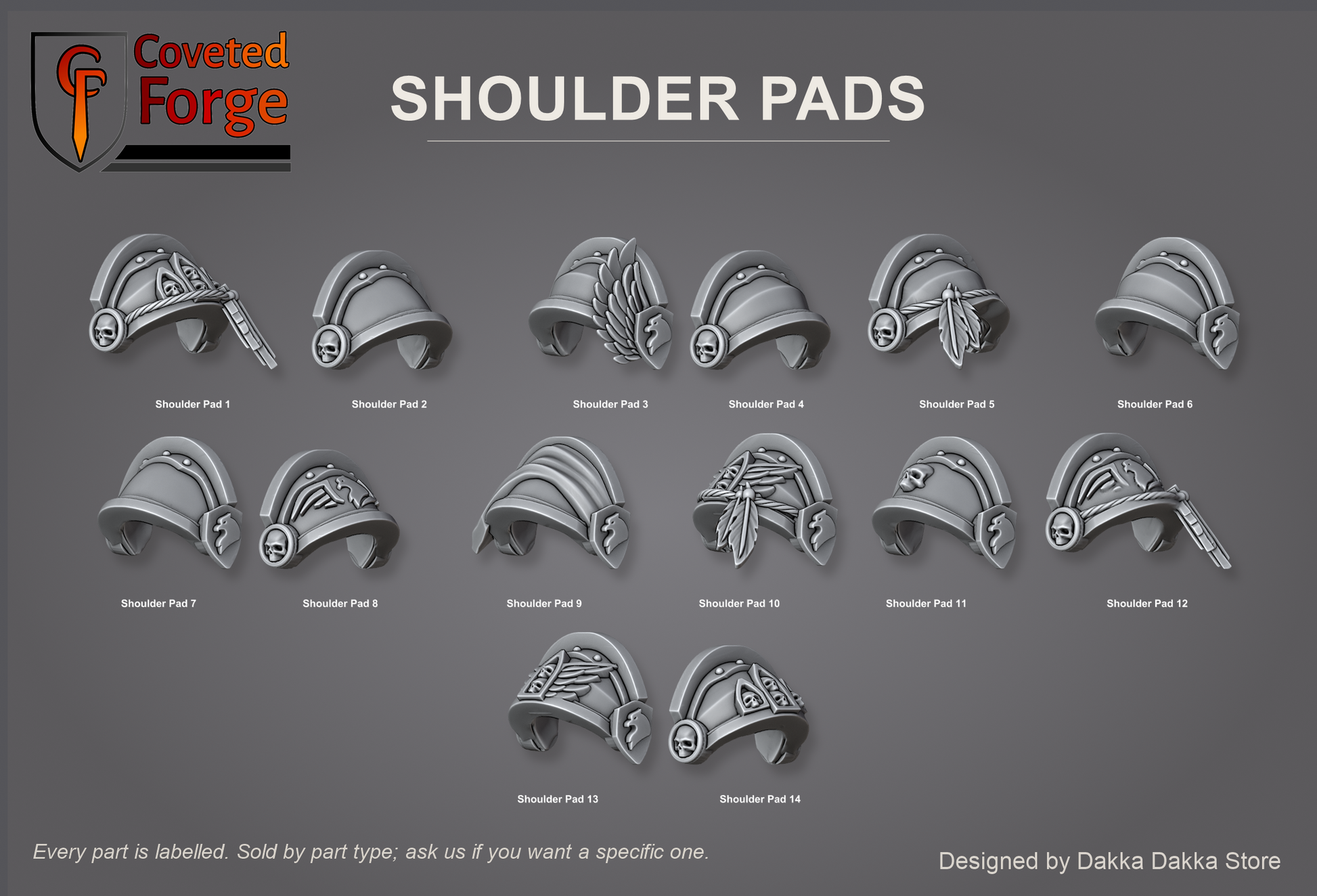 Fourteen pauldrons turned to show winged, feathered and skull heraldry on the curved face, individually labelled on a charcoal studio sheet