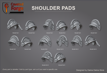 Fourteen pauldrons turned to show winged, feathered and skull heraldry on the curved face, individually labelled on a charcoal studio sheet