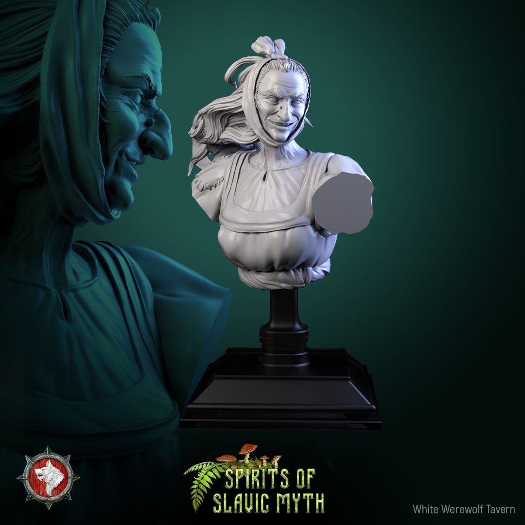 Render of Baba Yaga Bust | Slavic Witch Collector Bust: Hooded hag witch bust with hooked nose and gap-toothed grin, from White Werewolf's Spirits of Slavic Myth. 3D printed resin collector bust with stand.