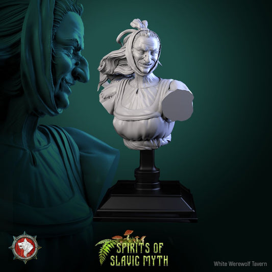 Render of Baba Yaga Bust | Slavic Witch Collector Bust: Hooded hag witch bust with hooked nose and gap-toothed grin, from White Werewolf's Spirits of Slavic Myth. 3D printed resin collector bust with stand.