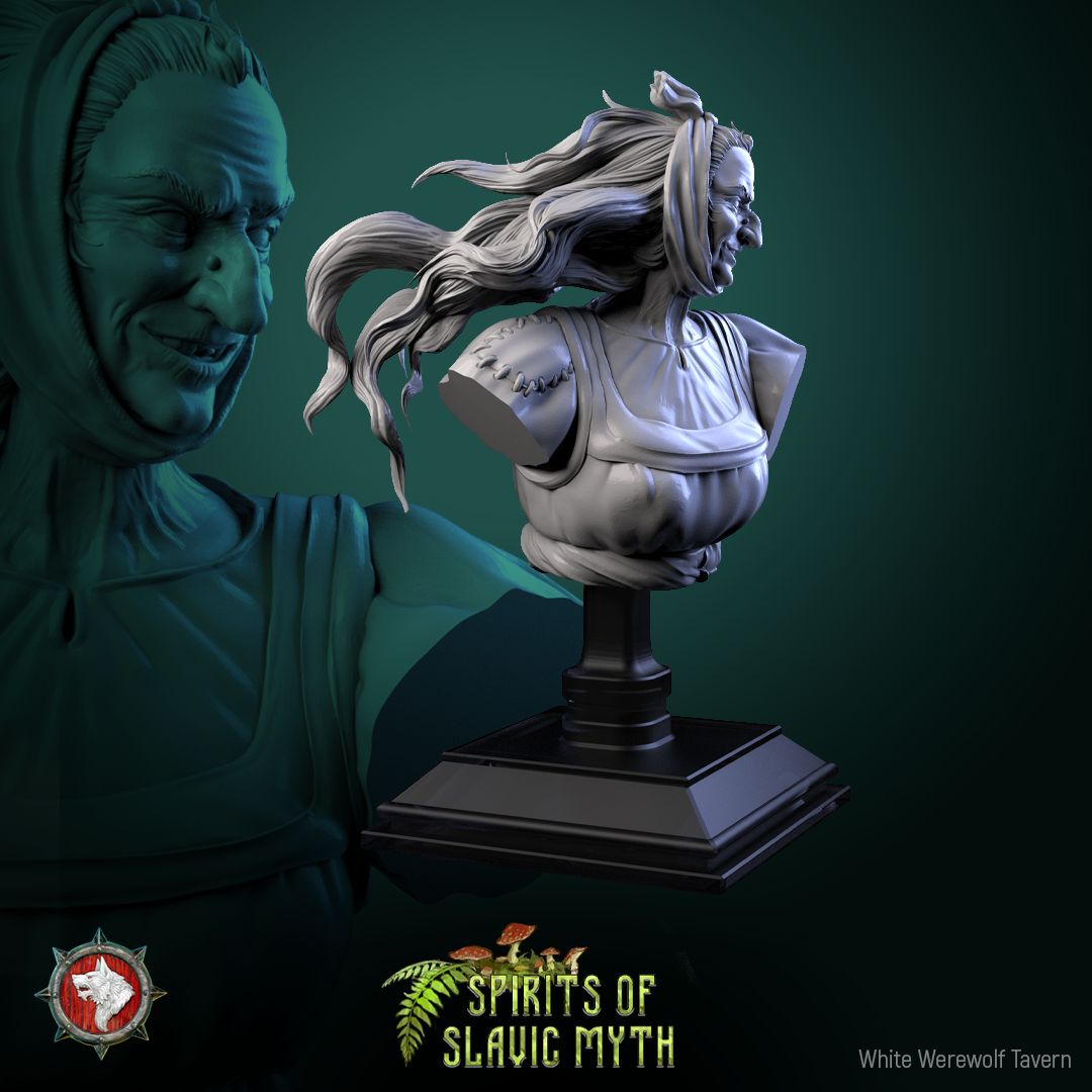 Render of Baba Yaga Bust | Slavic Witch Collector Bust: Hooded hag witch bust with hooked nose and gap-toothed grin, from White Werewolf's Spirits of Slavic Myth. 3D printed resin collector bust with stand.