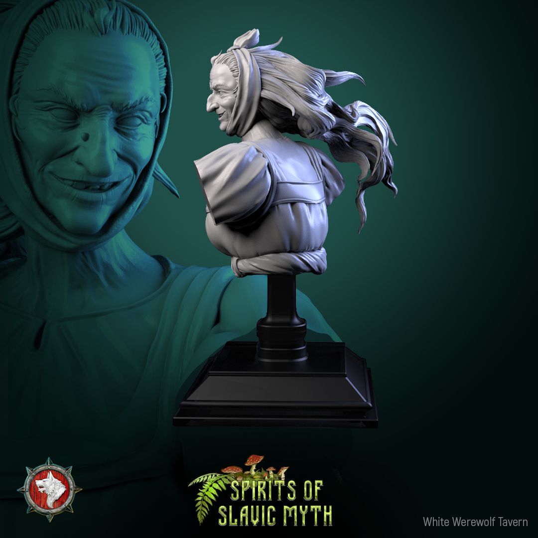 Render of Baba Yaga Bust | Slavic Witch Collector Bust: Hooded hag witch bust with hooked nose and gap-toothed grin, from White Werewolf's Spirits of Slavic Myth. 3D printed resin collector bust with stand.