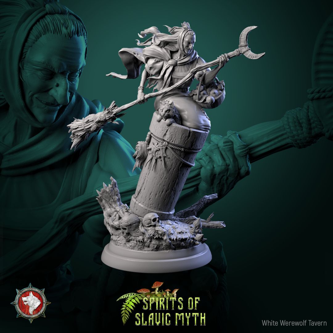 Render of Baba Yaga | 32-75mm Slavic Witch Miniature: Hag witch flying in a mortar with pestle, broom, and cat, from White Werewolf's Spirits of Slavic Myth. 32-75mm 3D printed resin folklore miniature.