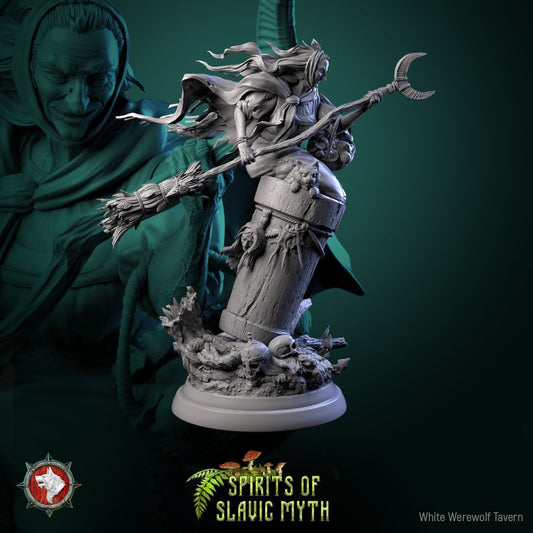 Render of Baba Yaga | 32-75mm Slavic Witch Miniature: Hag witch flying in a mortar with pestle, broom, and cat, from White Werewolf's Spirits of Slavic Myth. 32-75mm 3D printed resin folklore miniature.