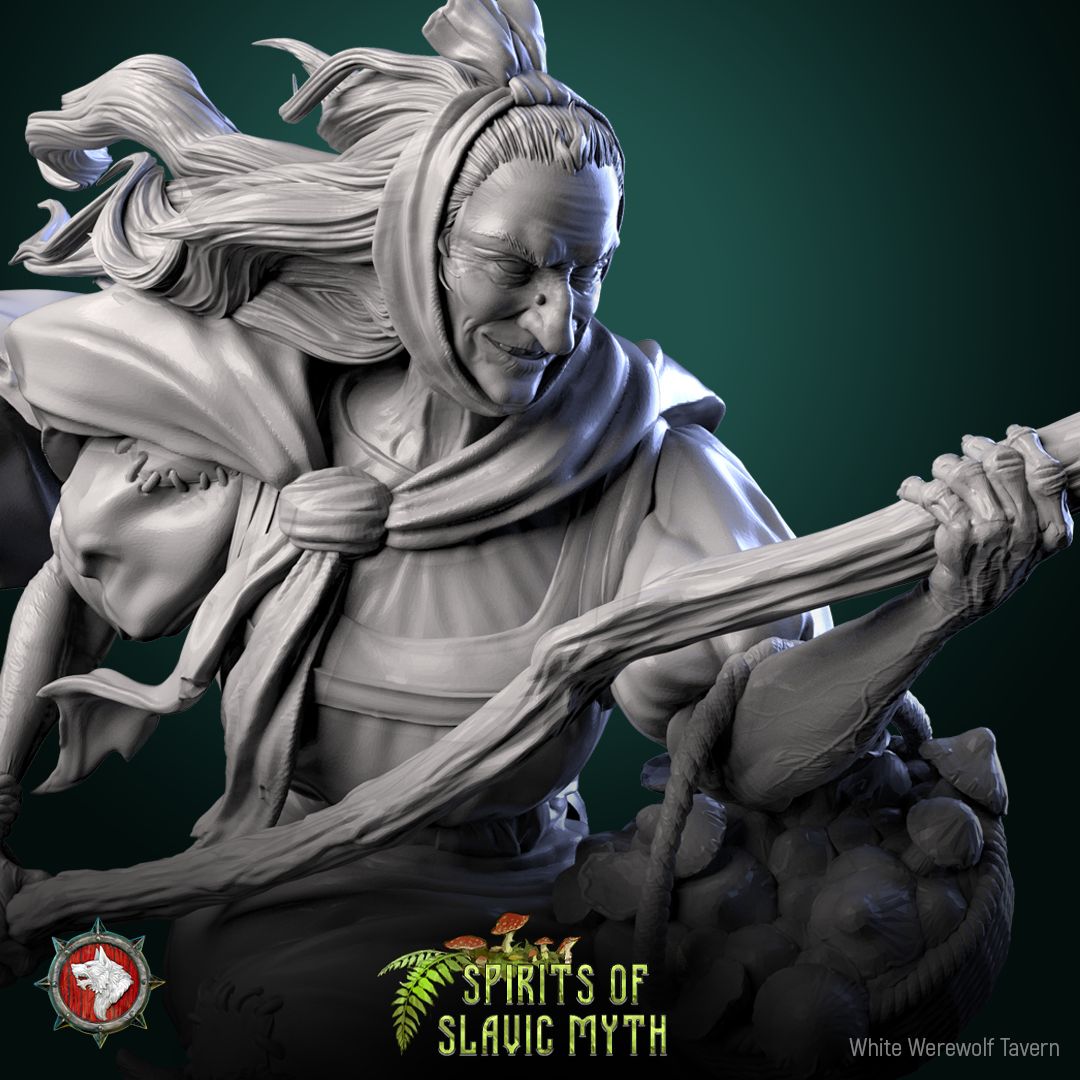 Render of Baba Yaga | 32-75mm Slavic Witch Miniature: Hag witch flying in a mortar with pestle, broom, and cat, from White Werewolf's Spirits of Slavic Myth. 32-75mm 3D printed resin folklore miniature.