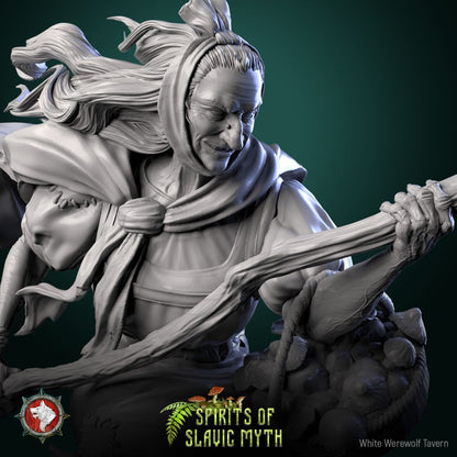 Render of Baba Yaga | 32-75mm Slavic Witch Miniature: Hag witch flying in a mortar with pestle, broom, and cat, from White Werewolf's Spirits of Slavic Myth. 32-75mm 3D printed resin folklore miniature.