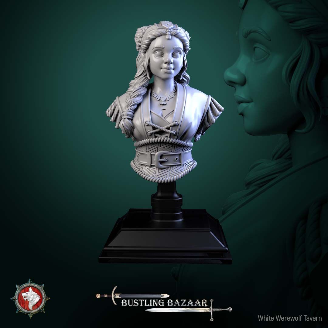 Render of Beatrix Wordwright Bust | Halfling Merchant Collector Bust: Halfling bookseller bust with braids and epauletted coat, from White Werewolf's Bustling Bazaar. 3D printed resin collector bust with display stand.