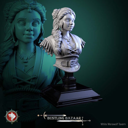 Render of Beatrix Wordwright Bust | Halfling Merchant Collector Bust: Halfling bookseller bust with braids and epauletted coat, from White Werewolf's Bustling Bazaar. 3D printed resin collector bust with display stand.