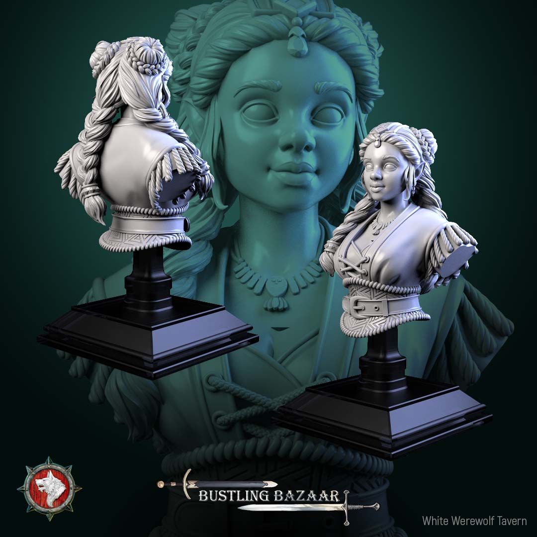 Render of Beatrix Wordwright Bust | Halfling Merchant Collector Bust: Halfling bookseller bust with braids and epauletted coat, from White Werewolf's Bustling Bazaar. 3D printed resin collector bust with display stand.