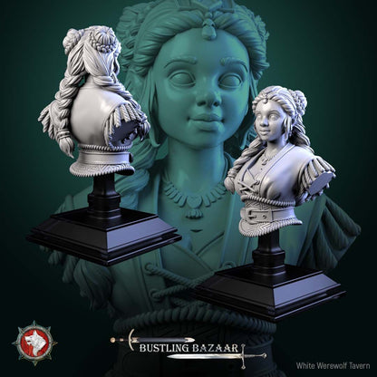 Render of Beatrix Wordwright Bust | Halfling Merchant Collector Bust: Halfling bookseller bust with braids and epauletted coat, from White Werewolf's Bustling Bazaar. 3D printed resin collector bust with display stand.
