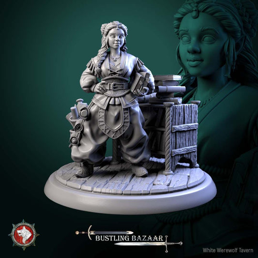 Render of Beatrix Wordwright | 32-75mm Halfling Bookseller Miniature: Halfling bookseller with scroll satchel beside a crate of books, from White Werewolf's Bustling Bazaar. 32-75mm 3D printed resin merchant miniature.