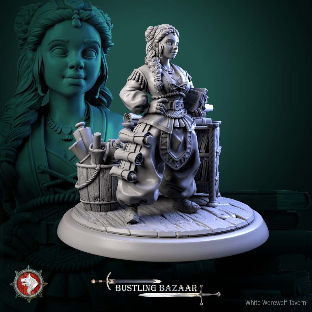 Render of Beatrix Wordwright | 32-75mm Halfling Bookseller Miniature: Halfling bookseller with scroll satchel beside a crate of books, from White Werewolf's Bustling Bazaar. 32-75mm 3D printed resin merchant miniature.