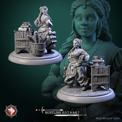 Render of Beatrix Wordwright | 32-75mm Halfling Bookseller Miniature: Halfling bookseller with scroll satchel beside a crate of books, from White Werewolf's Bustling Bazaar. 32-75mm 3D printed resin merchant miniature.