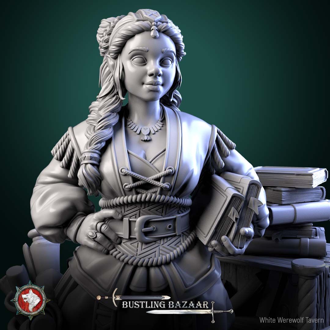 Render of Beatrix Wordwright | 32-75mm Halfling Bookseller Miniature: Halfling bookseller with scroll satchel beside a crate of books, from White Werewolf's Bustling Bazaar. 32-75mm 3D printed resin merchant miniature.