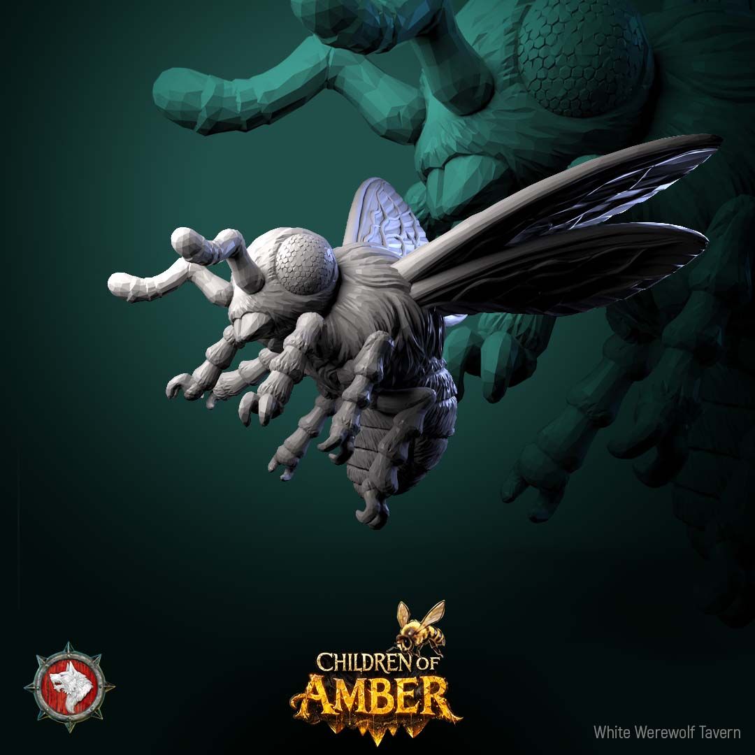Render of Basing Insects Set | Bee and Wasp Scatter Miniatures: Four giant honeybees, a wasp, and a flower for basing, terrain, and swarm markers, from White Werewolf's Children of Amber. 3D printed resin scatter set.