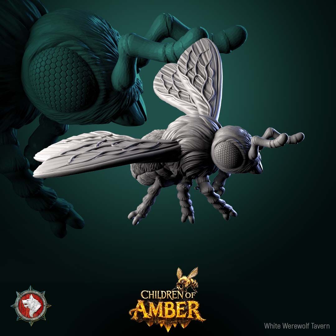 Render of Basing Insects Set | Bee and Wasp Scatter Miniatures: Four giant honeybees, a wasp, and a flower for basing, terrain, and swarm markers, from White Werewolf's Children of Amber. 3D printed resin scatter set.