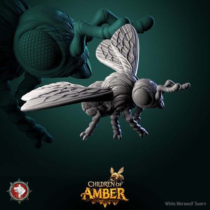 Render of Basing Insects Set | Bee and Wasp Scatter Miniatures: Four giant honeybees, a wasp, and a flower for basing, terrain, and swarm markers, from White Werewolf's Children of Amber. 3D printed resin scatter set.
