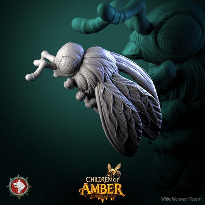 Render of Basing Insects Set | Bee and Wasp Scatter Miniatures: Four giant honeybees, a wasp, and a flower for basing, terrain, and swarm markers, from White Werewolf's Children of Amber. 3D printed resin scatter set.
