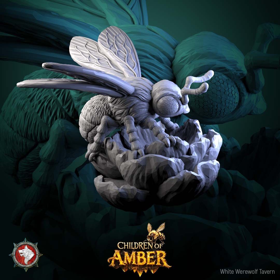 Render of Basing Insects Set | Bee and Wasp Scatter Miniatures: Four giant honeybees, a wasp, and a flower for basing, terrain, and swarm markers, from White Werewolf's Children of Amber. 3D printed resin scatter set.