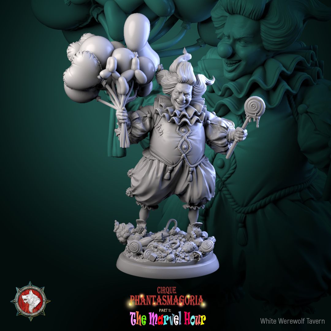 Render of Bibble the Bonbon Buffoon | 32-75mm Evil Clown Miniature: Grinning candy clown with balloon animals and dripping lollipop, from White Werewolf's The Marvel Hour dark circus. 32-75mm 3D printed resin miniature.