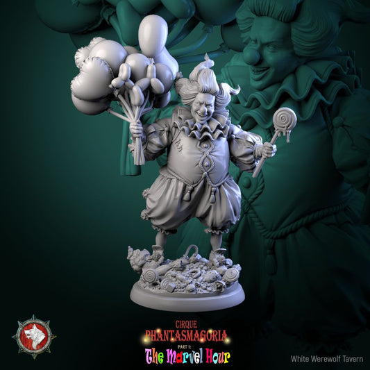 Render of Bibble the Bonbon Buffoon | 32-75mm Evil Clown Miniature: Grinning candy clown with balloon animals and dripping lollipop, from White Werewolf's The Marvel Hour dark circus. 32-75mm 3D printed resin miniature.
