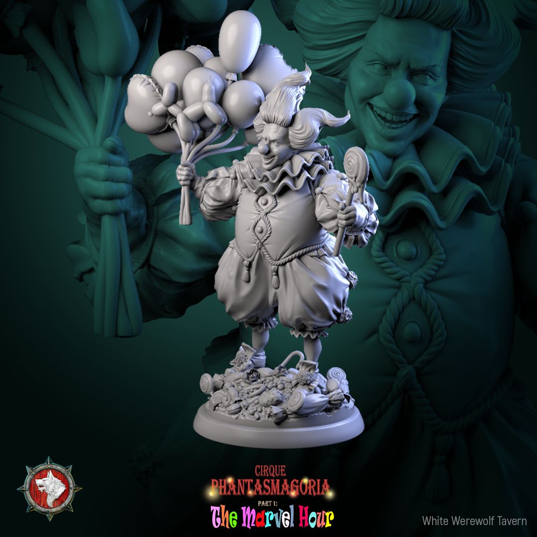 Render of Bibble the Bonbon Buffoon | 32-75mm Evil Clown Miniature: Grinning candy clown with balloon animals and dripping lollipop, from White Werewolf's The Marvel Hour dark circus. 32-75mm 3D printed resin miniature.