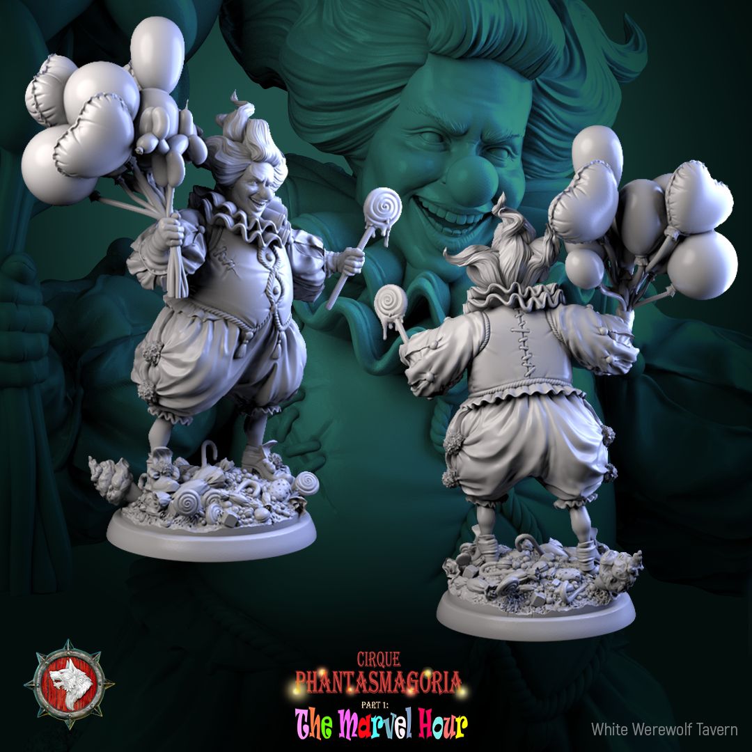 Render of Bibble the Bonbon Buffoon | 32-75mm Evil Clown Miniature: Grinning candy clown with balloon animals and dripping lollipop, from White Werewolf's The Marvel Hour dark circus. 32-75mm 3D printed resin miniature.