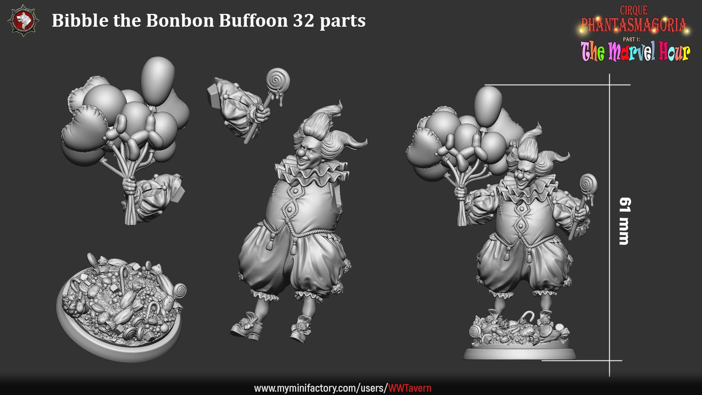 Render of Bibble the Bonbon Buffoon | 32-75mm Evil Clown Miniature: Grinning candy clown with balloon animals and dripping lollipop, from White Werewolf's The Marvel Hour dark circus. 32-75mm 3D printed resin miniature.