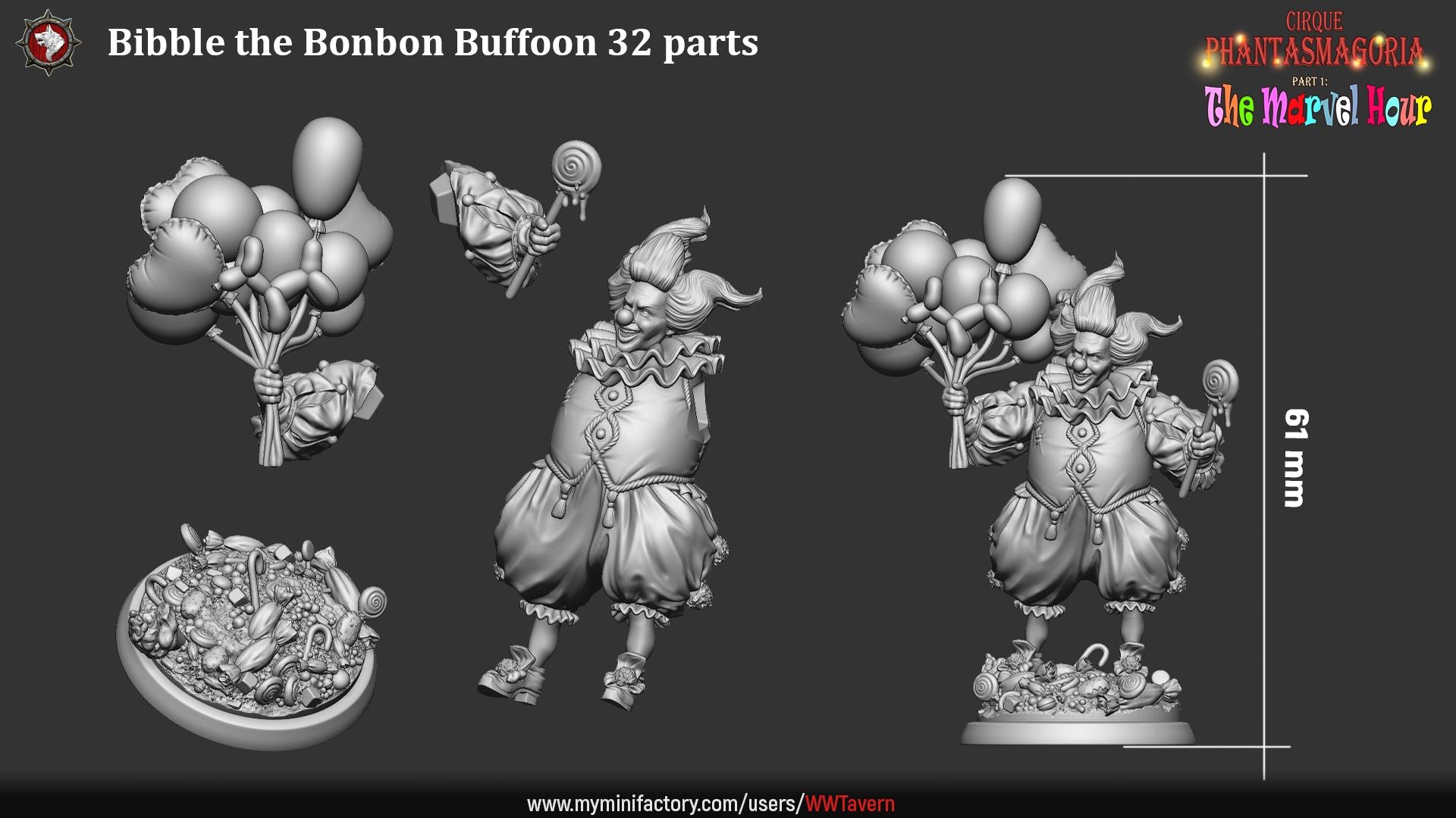 Render of Bibble the Bonbon Buffoon | 32-75mm Evil Clown Miniature: Grinning candy clown with balloon animals and dripping lollipop, from White Werewolf's The Marvel Hour dark circus. 32-75mm 3D printed resin miniature.