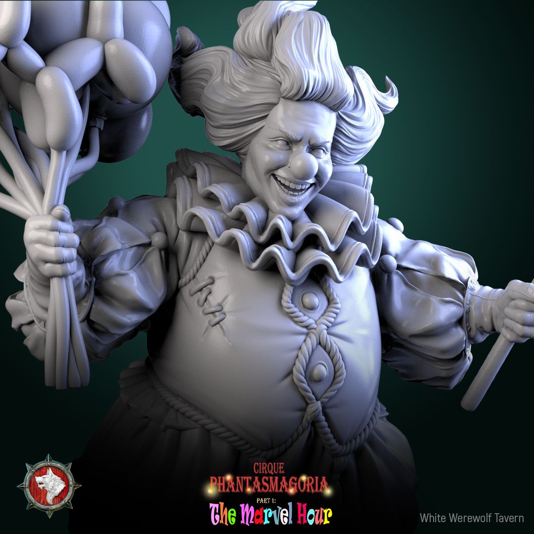 Render of Bibble the Bonbon Buffoon | 32-75mm Evil Clown Miniature: Grinning candy clown with balloon animals and dripping lollipop, from White Werewolf's The Marvel Hour dark circus. 32-75mm 3D printed resin miniature.