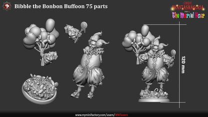 Render of Bibble the Bonbon Buffoon | 32-75mm Evil Clown Miniature: Grinning candy clown with balloon animals and dripping lollipop, from White Werewolf's The Marvel Hour dark circus. 32-75mm 3D printed resin miniature.