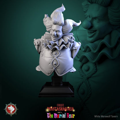 Render of Bibble the Bonbon Buffoon Bust | Evil Clown Collector Bust: Grinning candy clown bust with wild hair and ruffed collar, from White Werewolf's The Marvel Hour dark circus. 3D printed resin collector bust.