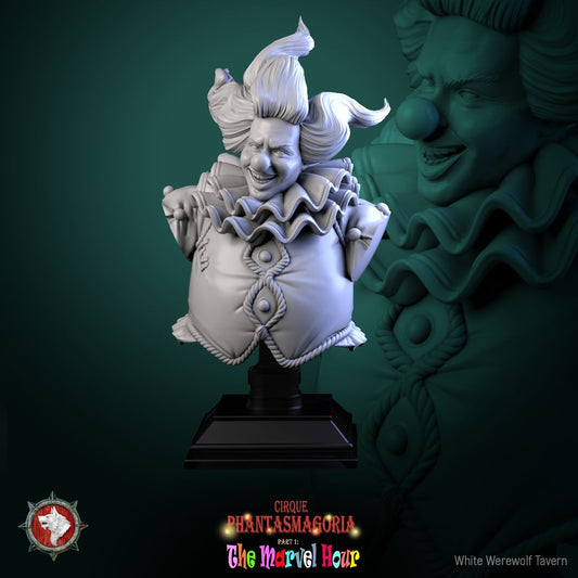 Render of Bibble the Bonbon Buffoon Bust | Evil Clown Collector Bust: Grinning candy clown bust with wild hair and ruffed collar, from White Werewolf's The Marvel Hour dark circus. 3D printed resin collector bust.