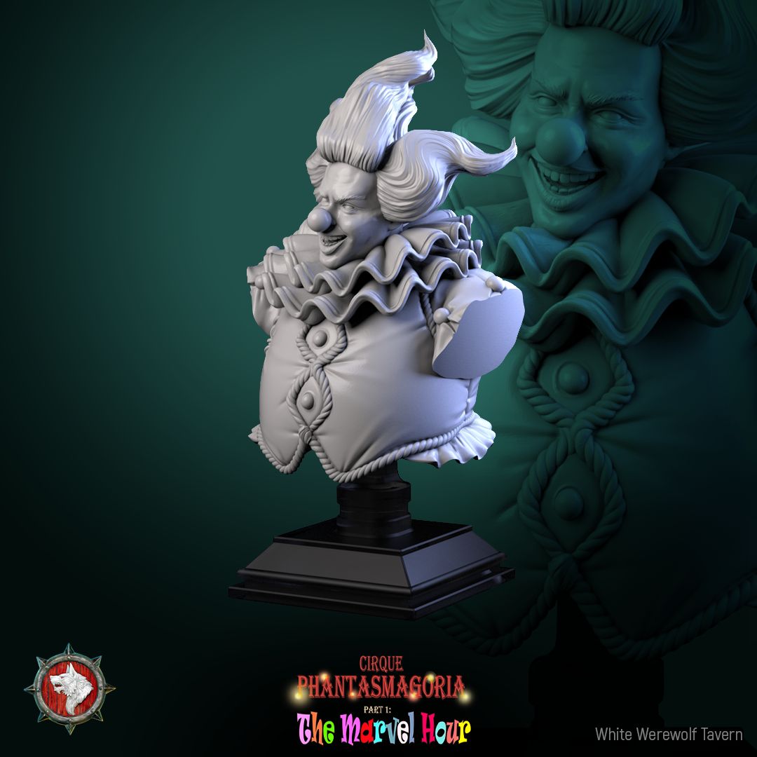 Render of Bibble the Bonbon Buffoon Bust | Evil Clown Collector Bust: Grinning candy clown bust with wild hair and ruffed collar, from White Werewolf's The Marvel Hour dark circus. 3D printed resin collector bust.