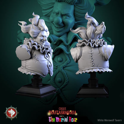 Render of Bibble the Bonbon Buffoon Bust | Evil Clown Collector Bust: Grinning candy clown bust with wild hair and ruffed collar, from White Werewolf's The Marvel Hour dark circus. 3D printed resin collector bust.