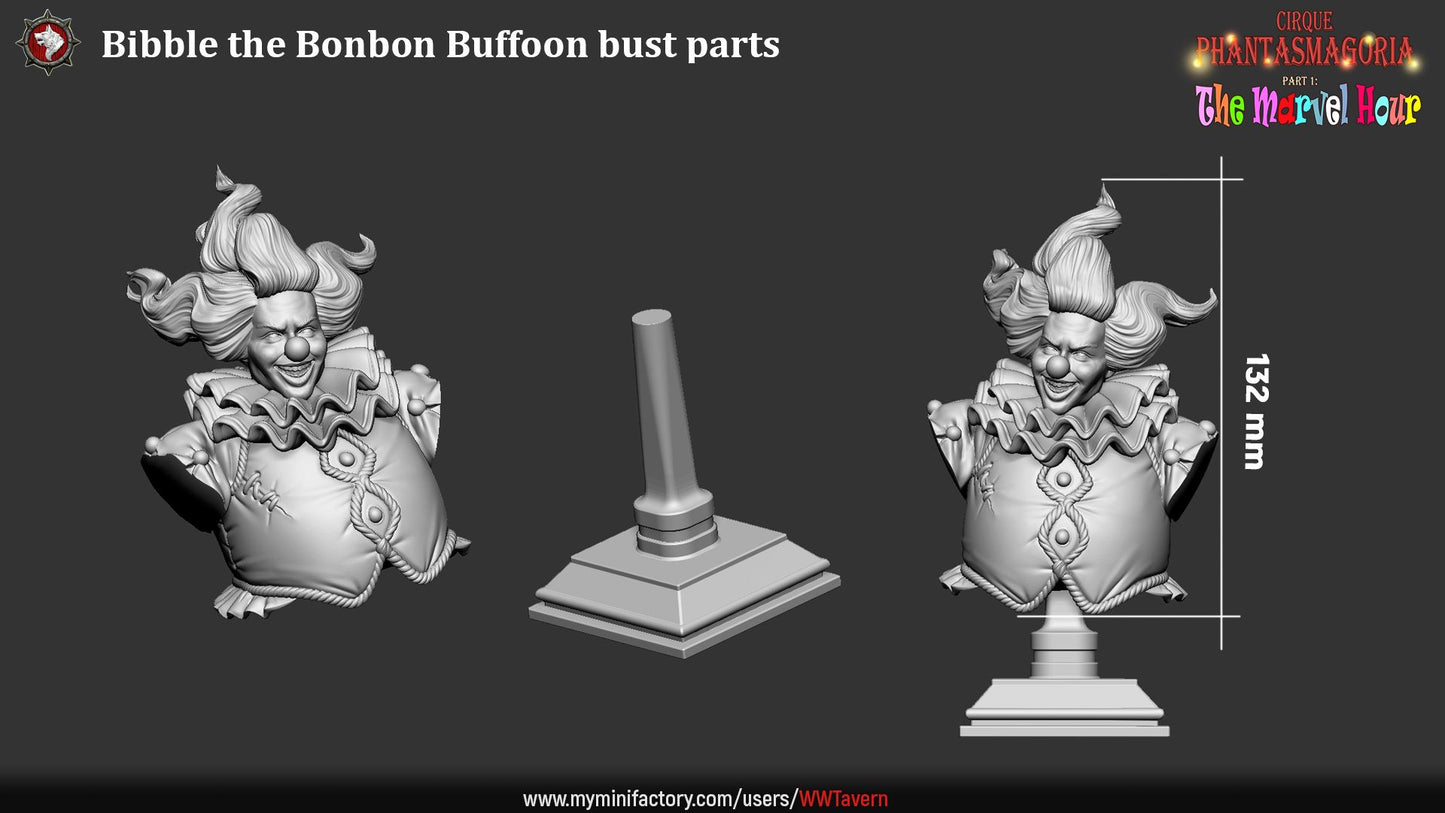 Render of Bibble the Bonbon Buffoon Bust | Evil Clown Collector Bust: Grinning candy clown bust with wild hair and ruffed collar, from White Werewolf's The Marvel Hour dark circus. 3D printed resin collector bust.