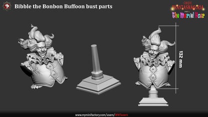Render of Bibble the Bonbon Buffoon Bust | Evil Clown Collector Bust: Grinning candy clown bust with wild hair and ruffed collar, from White Werewolf's The Marvel Hour dark circus. 3D printed resin collector bust.