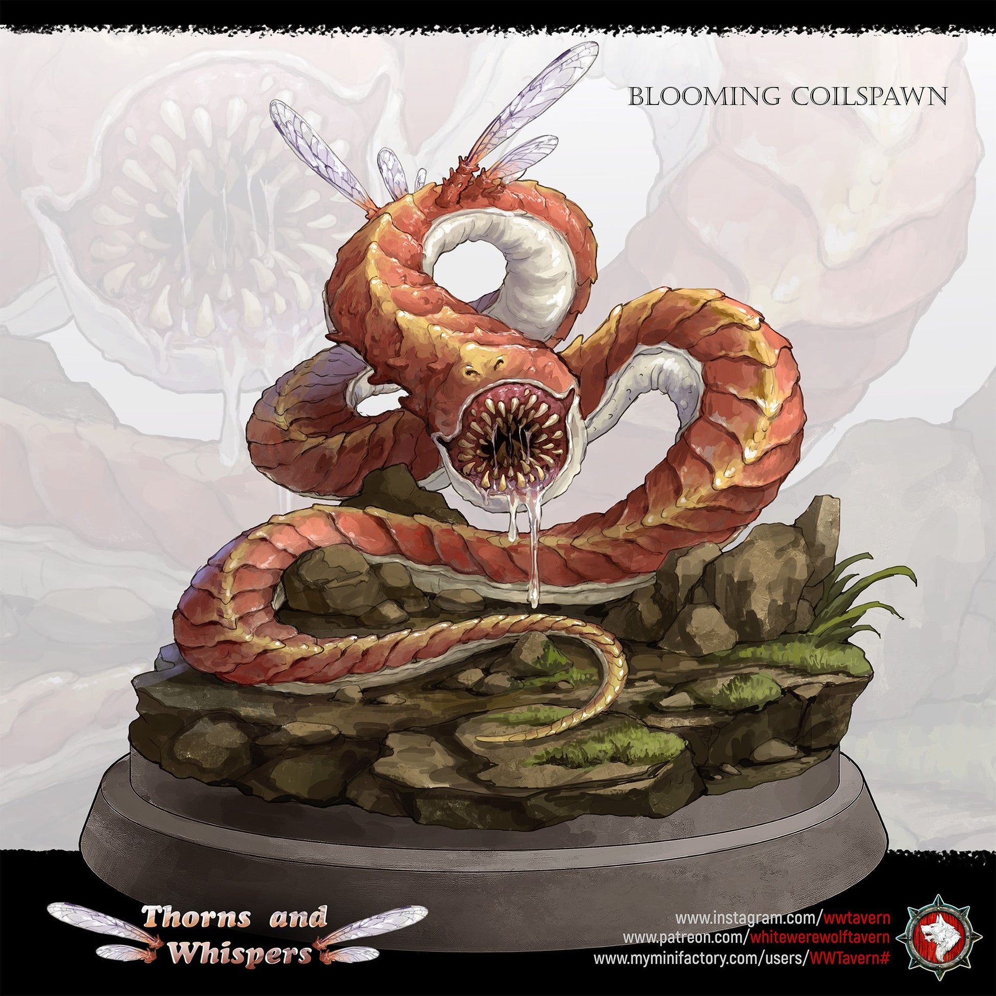 Blooming Coilspawn painted key art, red segmented worm monster with dragonfly wings and toothed maw