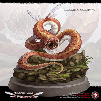 Blooming Coilspawn painted key art, red segmented worm monster with dragonfly wings and toothed maw