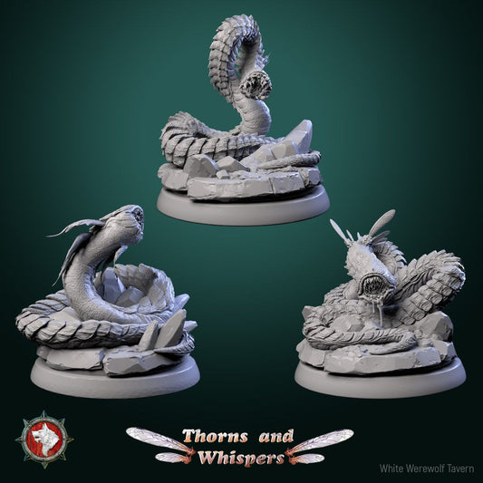 Blooming Coilspawn set of three 32mm worm monster miniatures with lamprey maws on rocky bases
